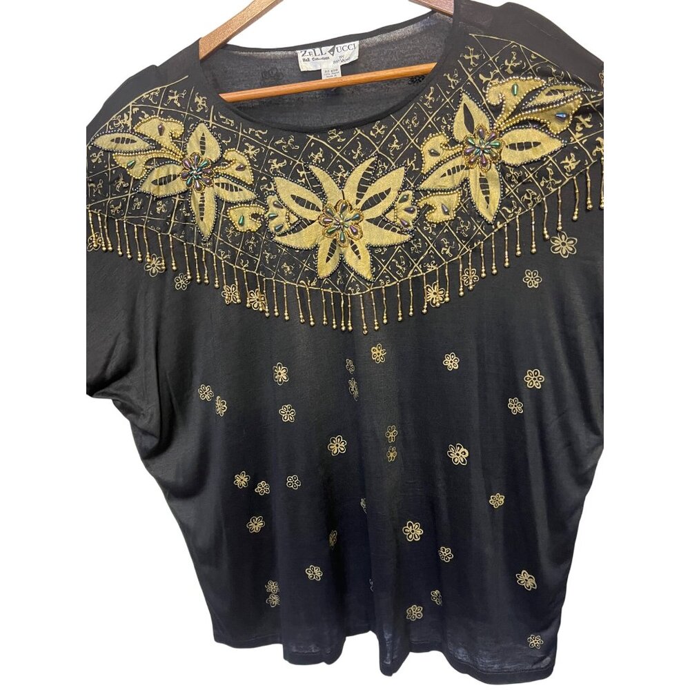 VTG Zell Ucci Bali Collection Top All Size Black & Gold Floral Beed's Party Off - Picture 7 of 8